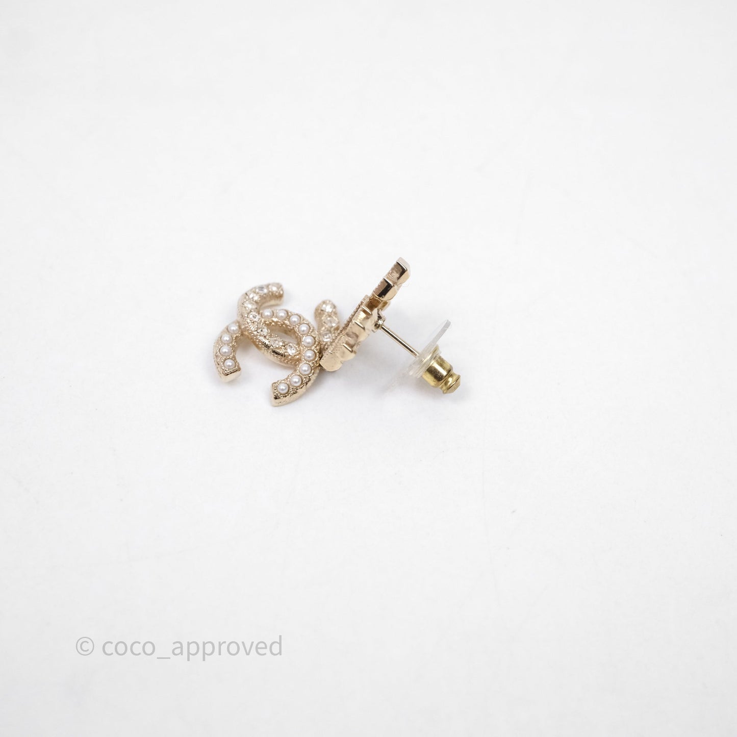 Chanel Crystal Pearl Crown CC Drop Earrings Gold Tone 21A