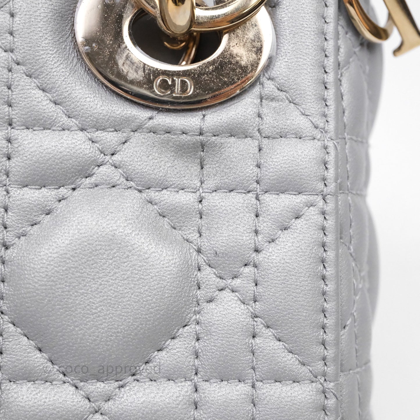 Christian Dior Mini Lady Dior Iridescent Grey Lambskin Cannage Gold Hardware