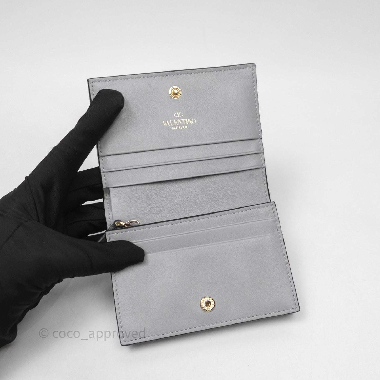 Valentino Grey Garavani Rockstud Compact Short Wallet Gold Hardware
