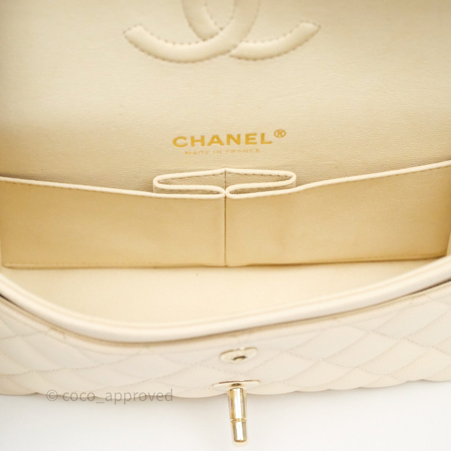 Chanel Small Classic Flap Quilted Light Ivory Beige Caviar Gold Hardware