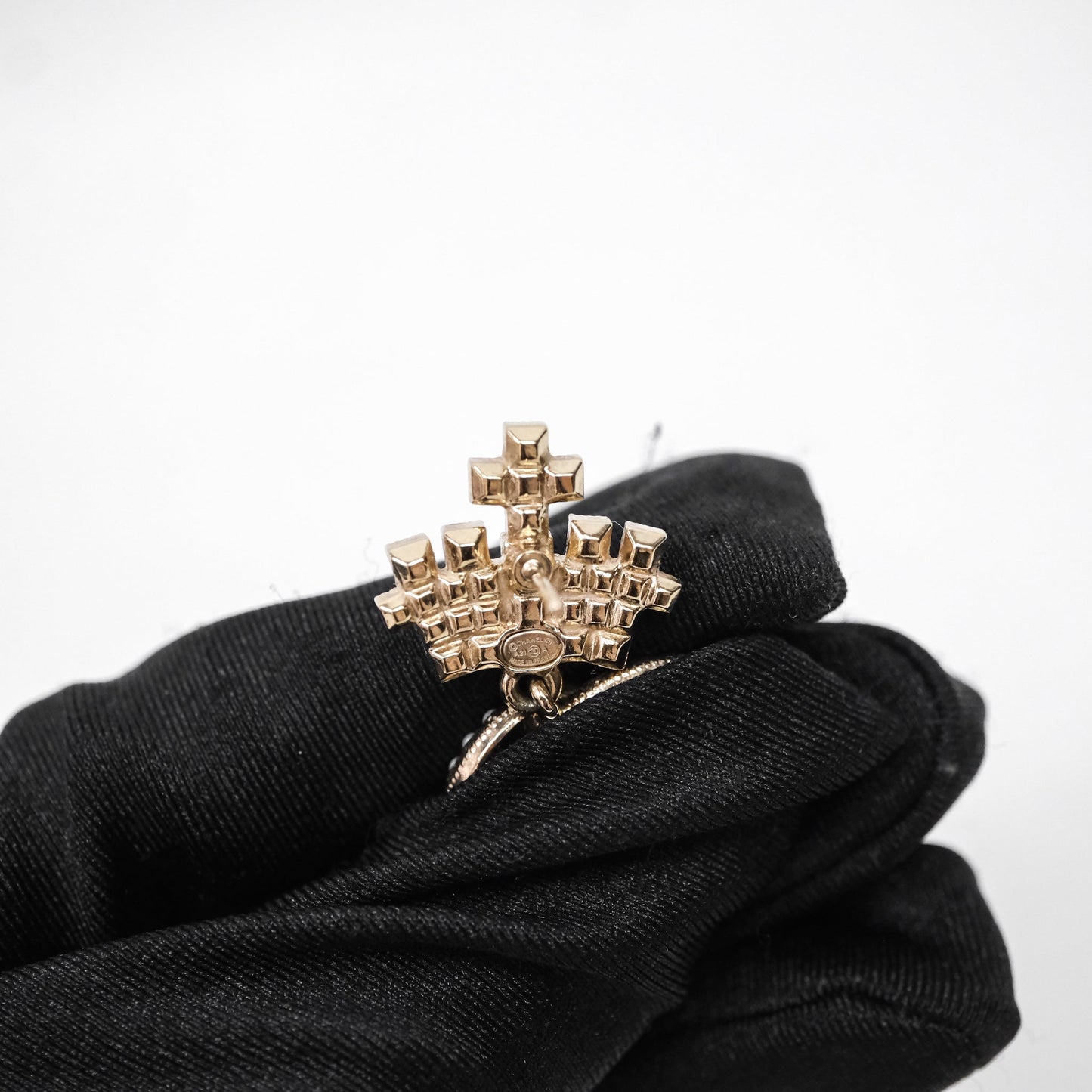 Chanel Crystal Pearl Crown CC Drop Earrings Gold Tone 21A