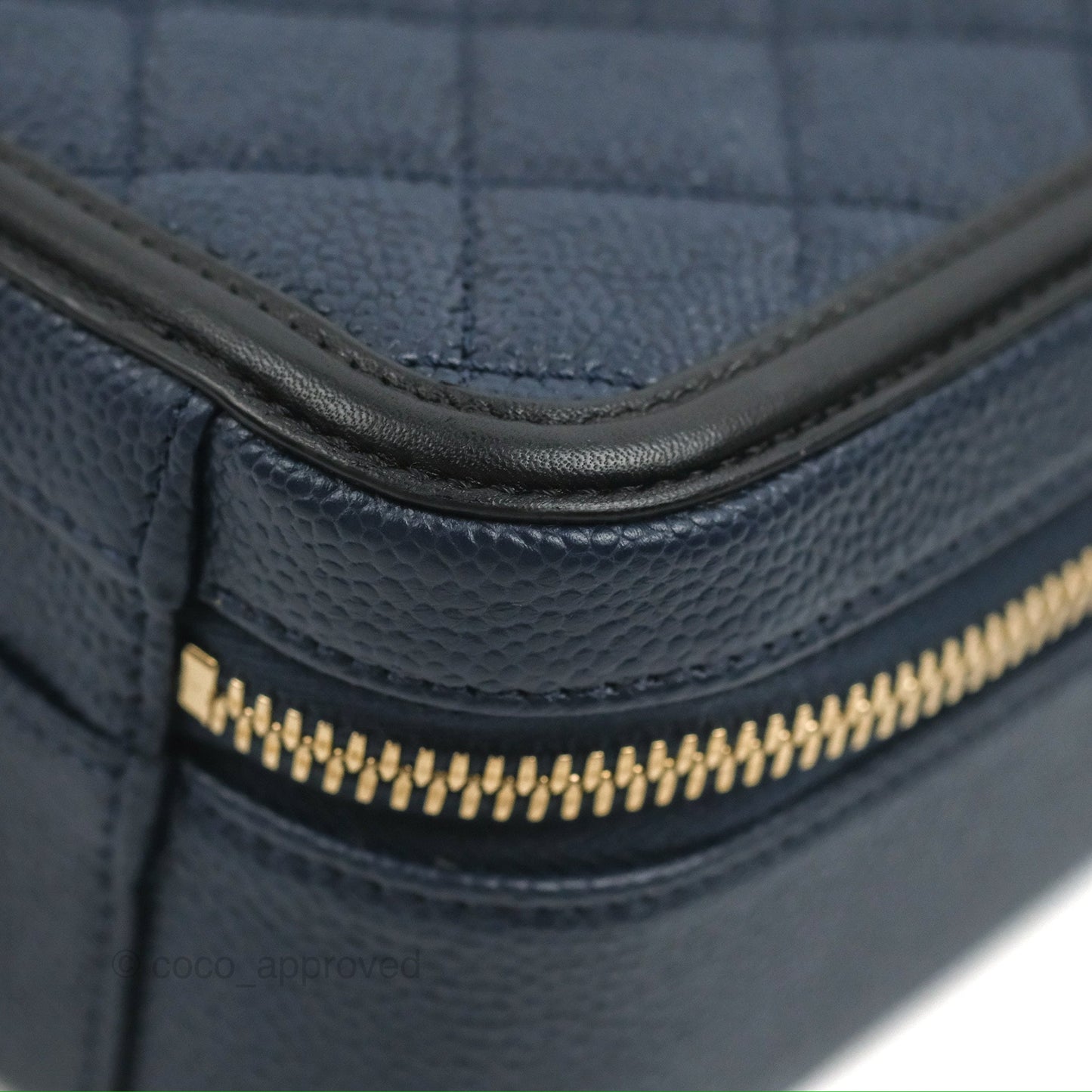 Chanel Quilted Medium CC Filigree Vanity Case Navy Black Caviar Aged Gold Hardware