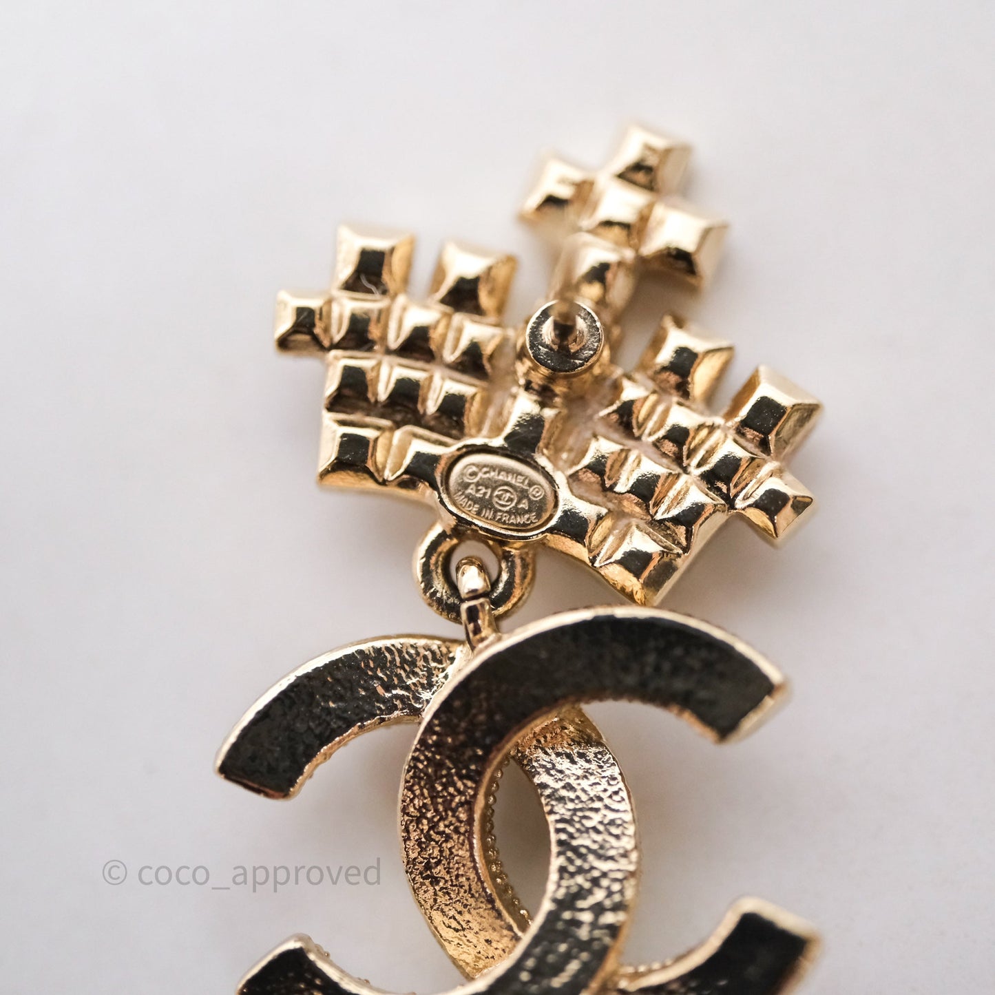 Chanel Crystal Pearl Crown CC Drop Earrings Gold Tone 21A