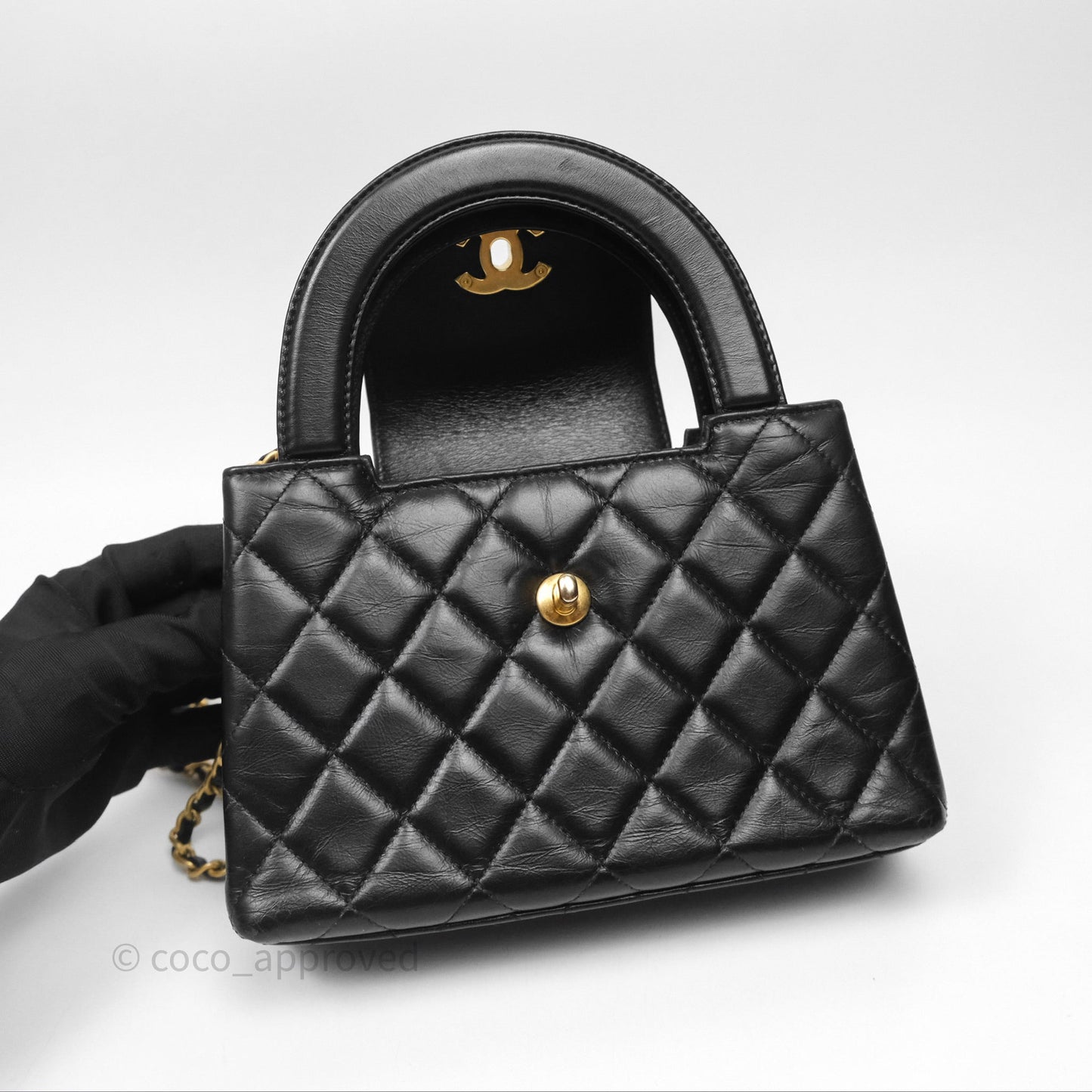 Chanel Kelly Bag Quilted Black Shiny Crumpled Calfskin Aged Gold Hardware