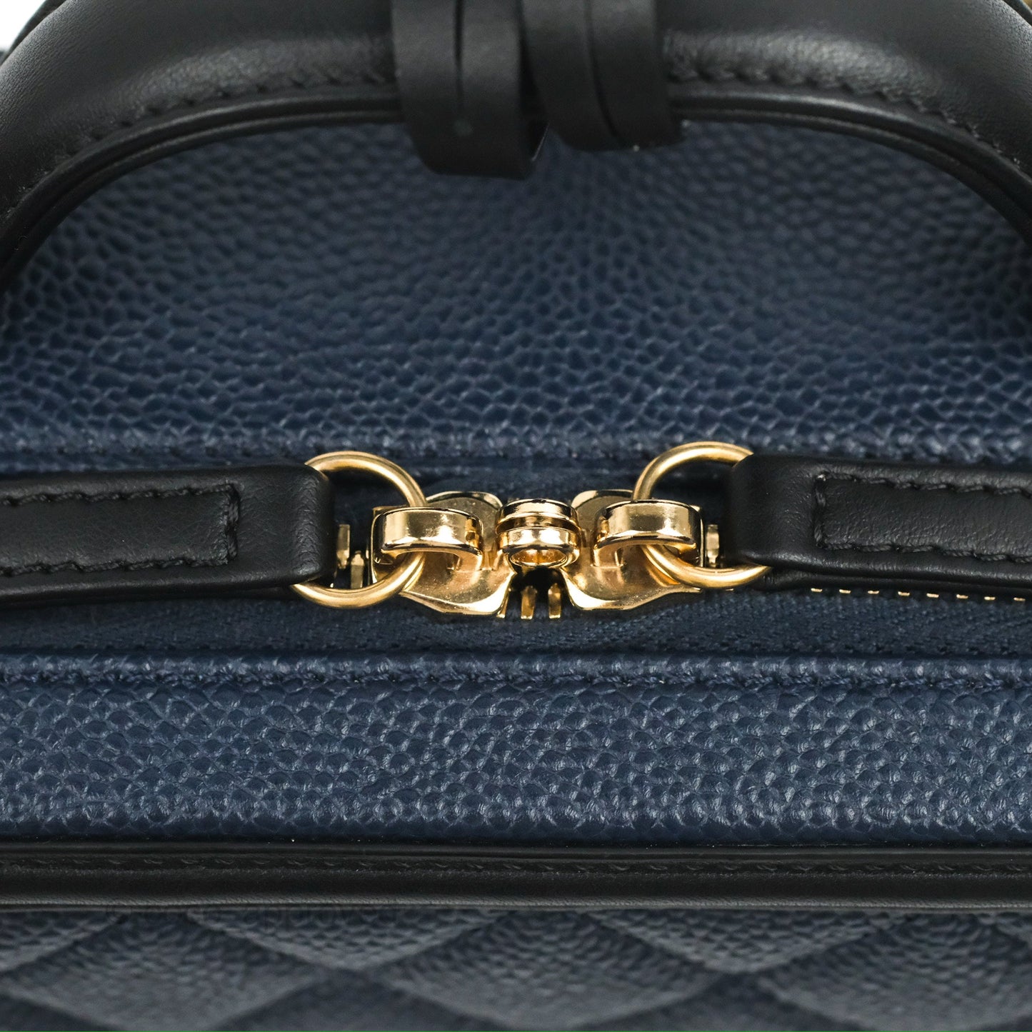 Chanel Quilted Medium CC Filigree Vanity Case Navy Black Caviar Aged Gold Hardware