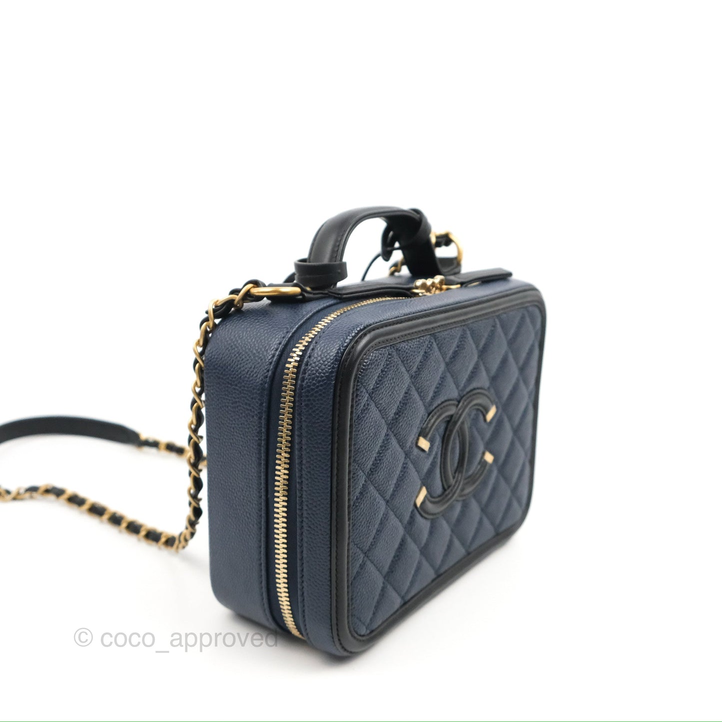 Chanel Quilted Medium CC Filigree Vanity Case Navy Black Caviar Aged Gold Hardware