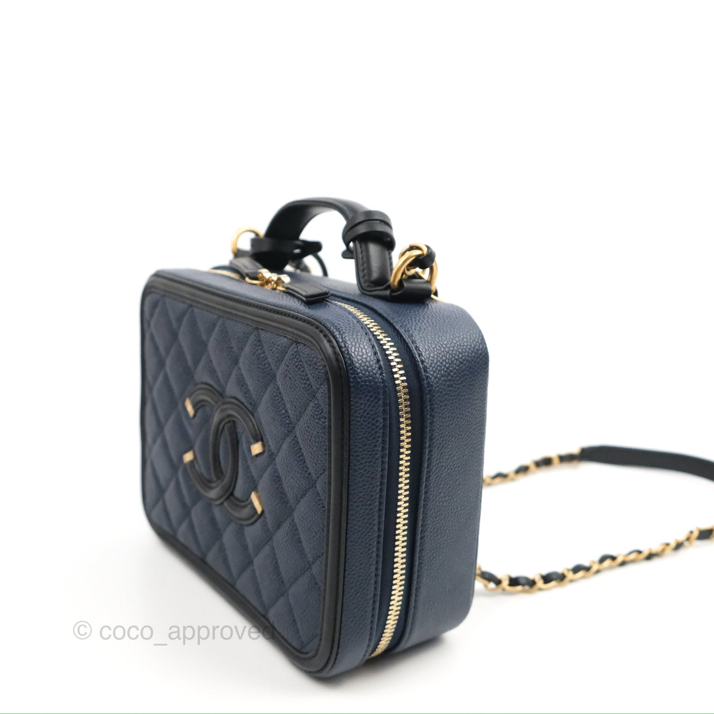 Chanel Quilted Medium CC Filigree Vanity Case Navy Black Caviar Aged Gold Hardware