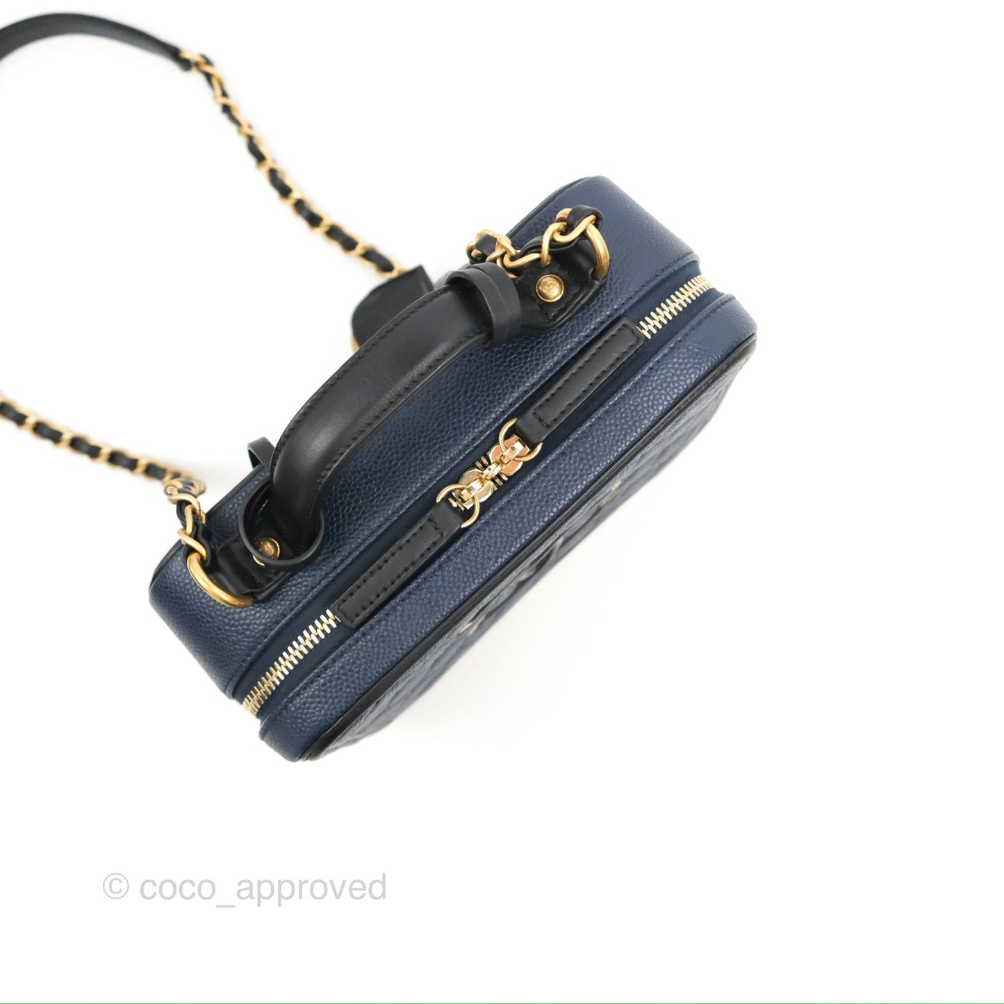 Chanel Quilted Medium CC Filigree Vanity Case Navy Black Caviar Aged Gold Hardware