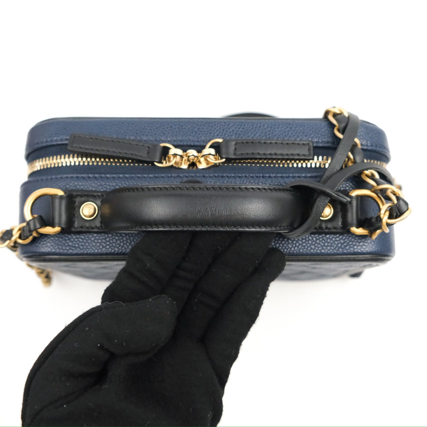 Chanel Quilted Medium CC Filigree Vanity Case Navy Black Caviar Aged Gold Hardware