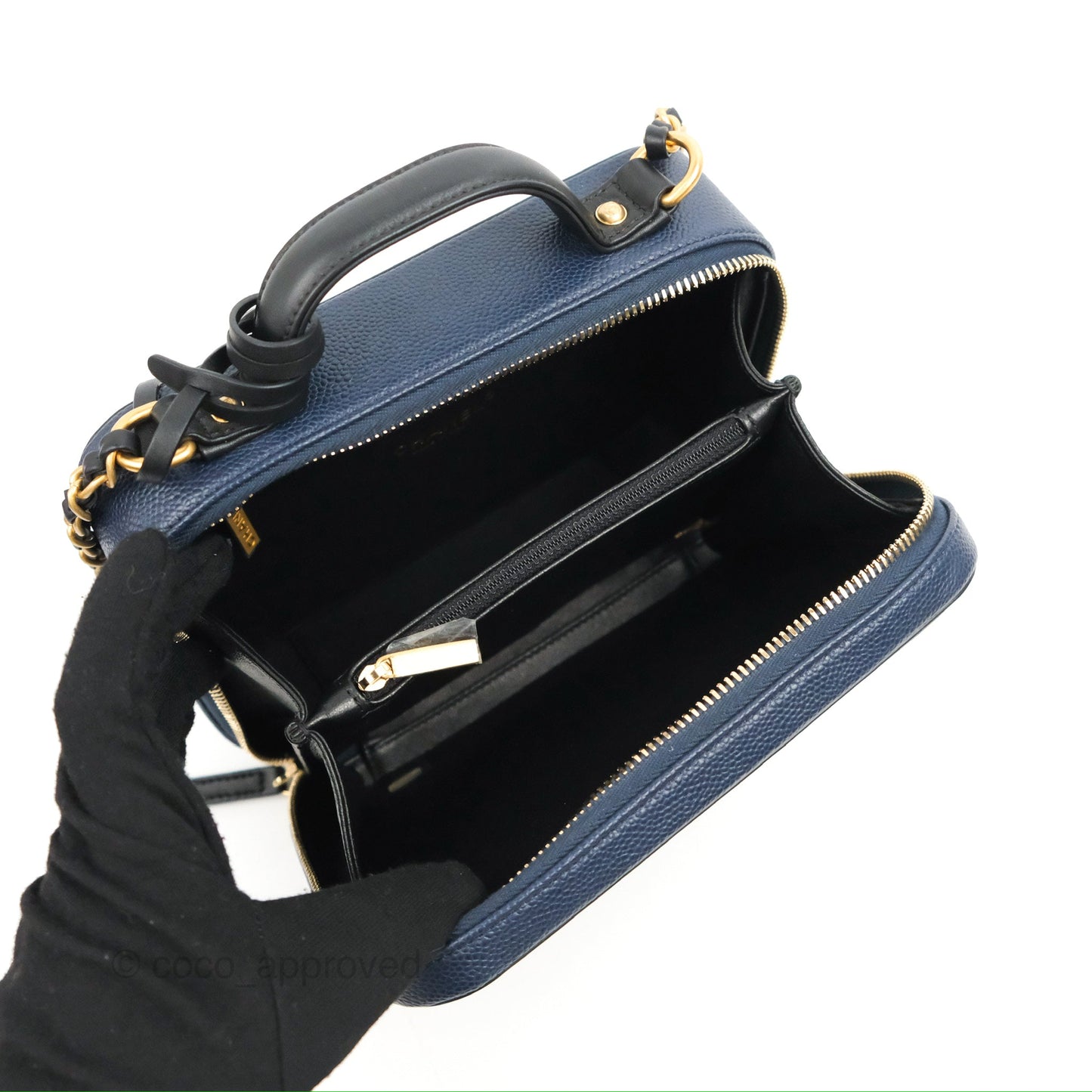 Chanel Quilted Medium CC Filigree Vanity Case Navy Black Caviar Aged Gold Hardware