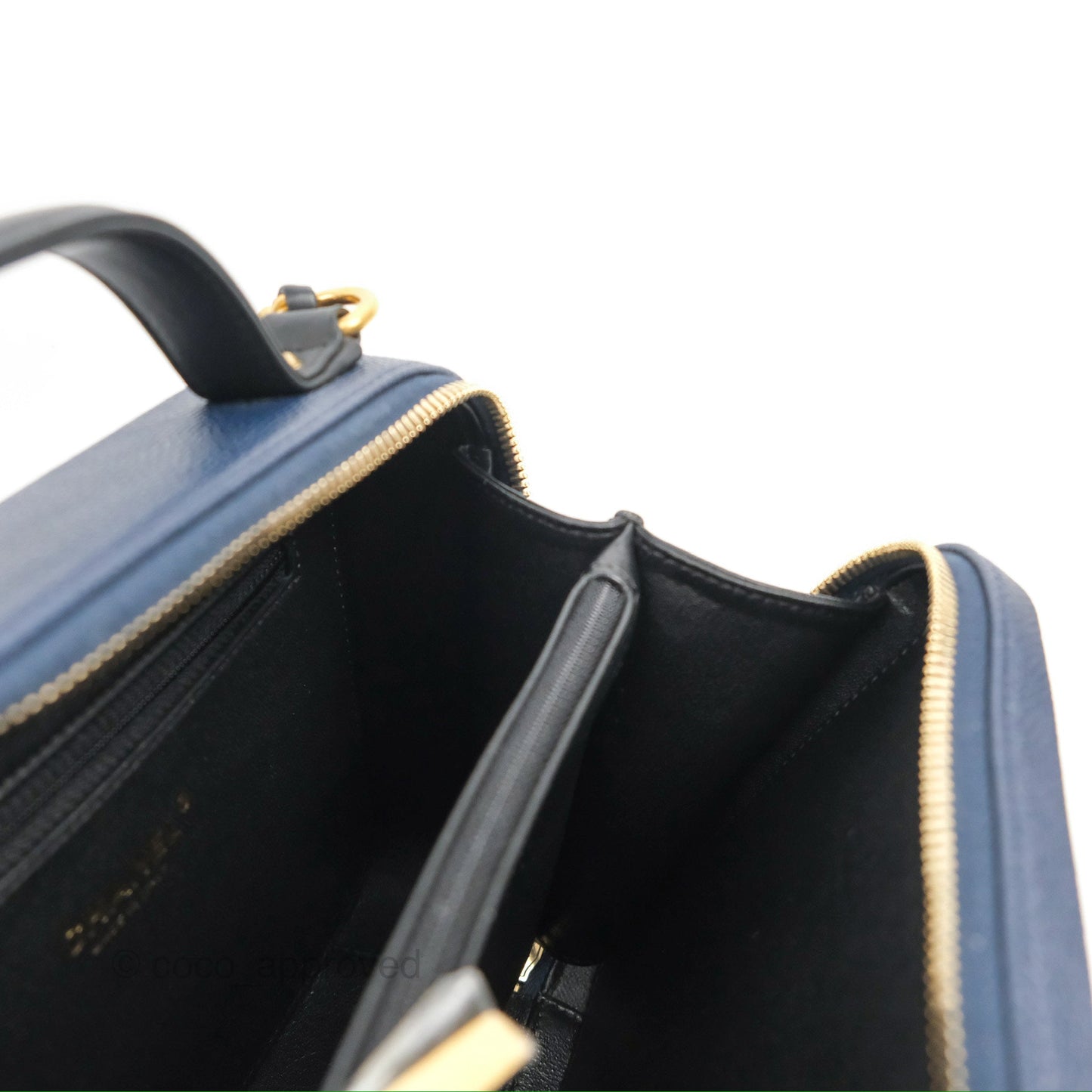 Chanel Quilted Medium CC Filigree Vanity Case Navy Black Caviar Aged Gold Hardware
