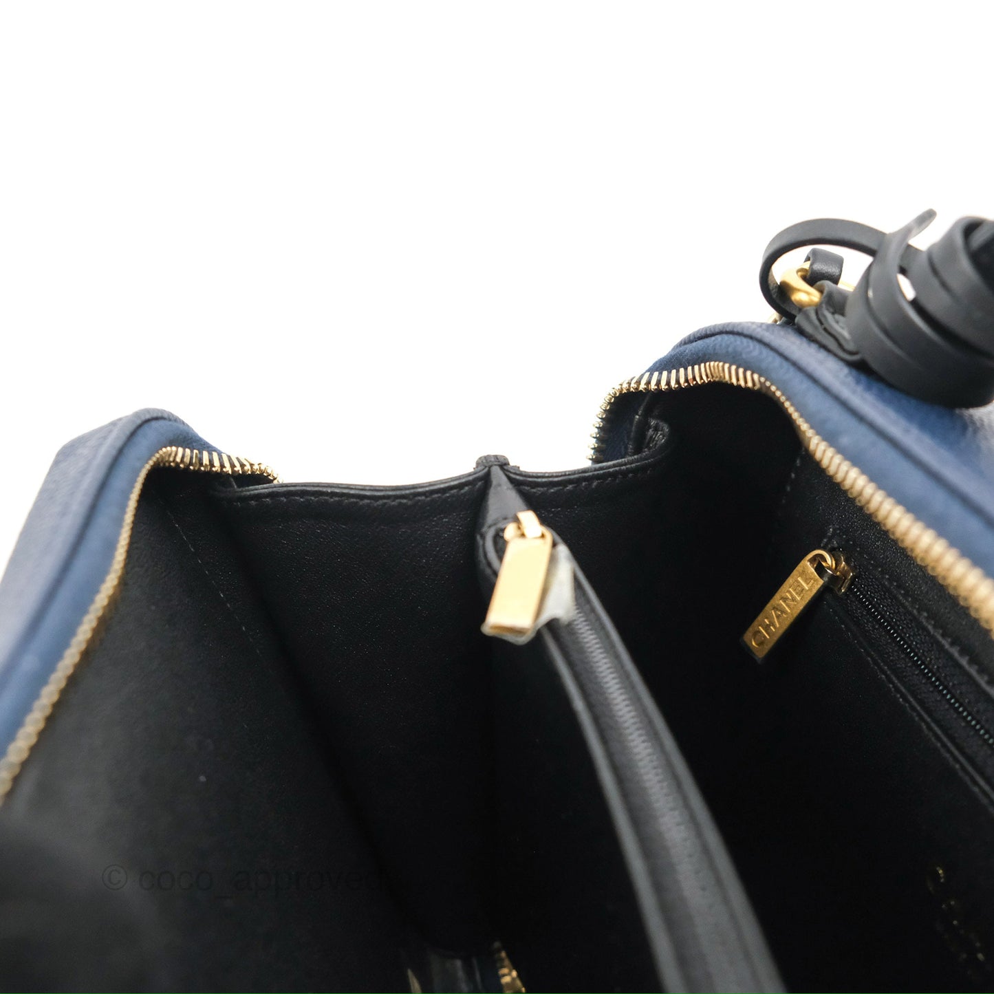 Chanel Quilted Medium CC Filigree Vanity Case Navy Black Caviar Aged Gold Hardware