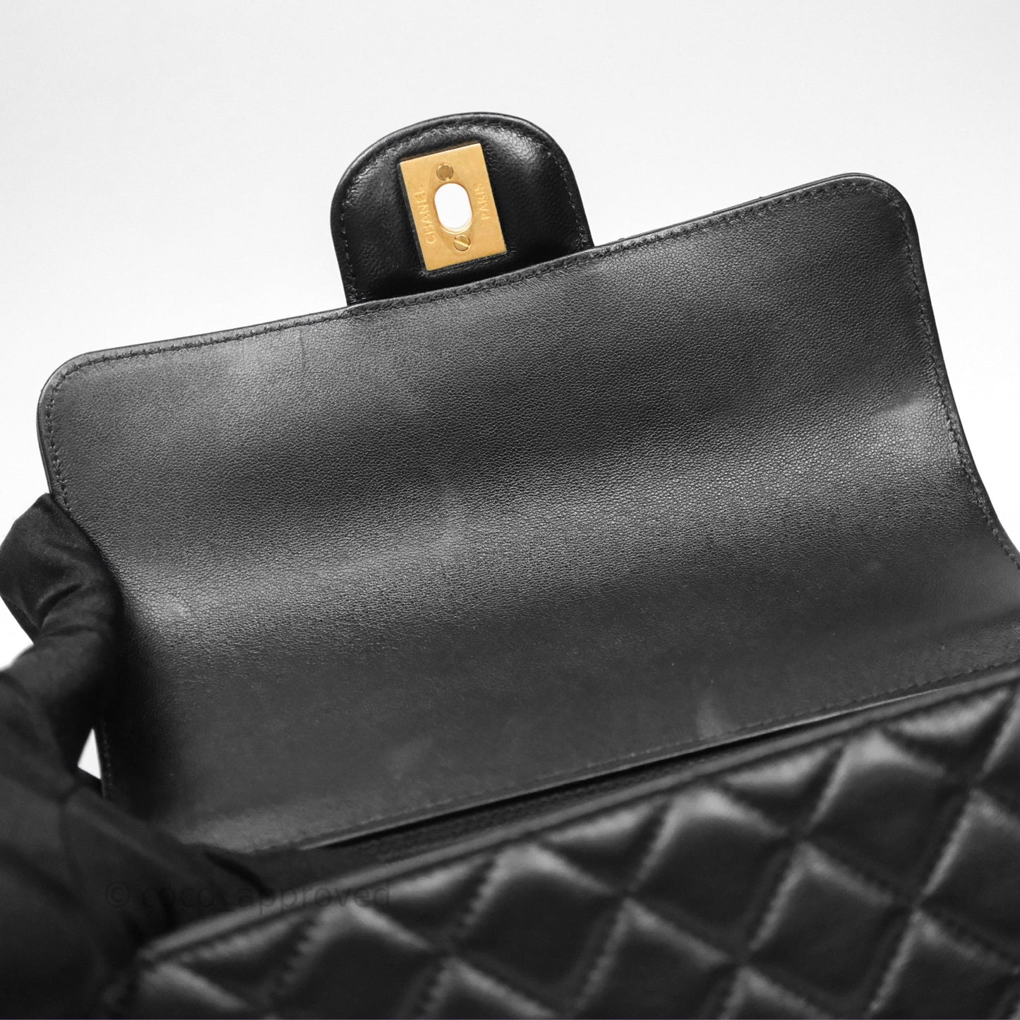 Chanel Top Handle Mini Rectangular Flap Bag Black Lambskin Aged Gold Hardware