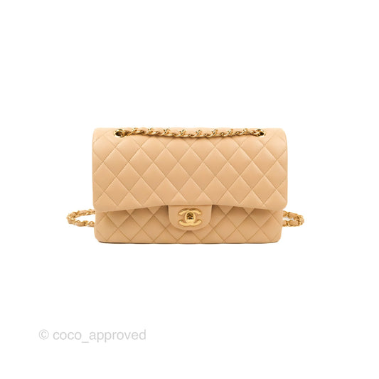 Chanel Classic M/L Medium Flap Quilted Beige Lambskin Gold Hardware