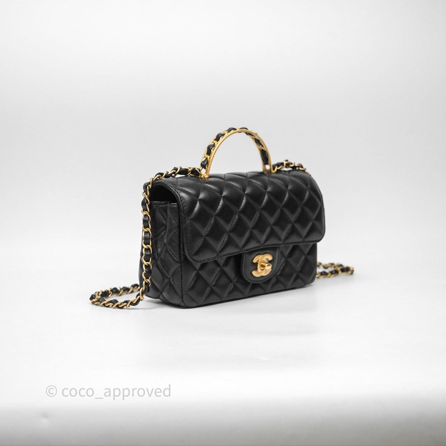 Chanel Top Handle Mini Rectangular Flap Bag Black Lambskin Aged Gold Hardware