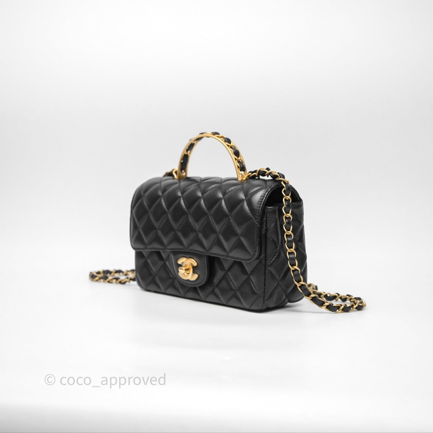 Chanel Top Handle Mini Rectangular Flap Bag Black Lambskin Aged Gold Hardware