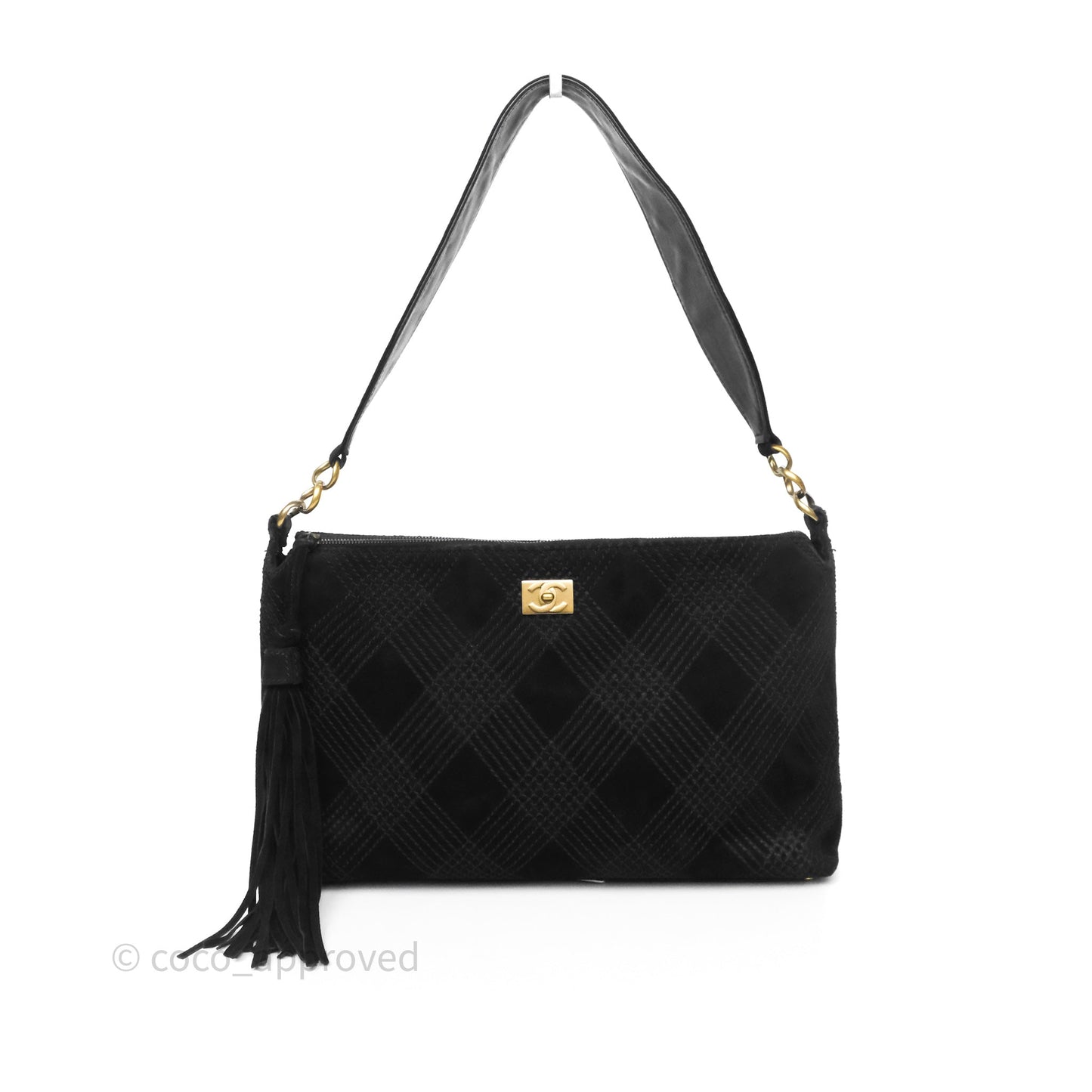 Chanel Vintage Shoulder Bag Quilted Black Suede Aged Gold Hardware
