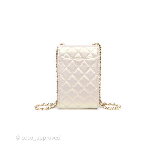 Chanel Classic Quilted Phone Holder Iridescent Pearl Lambskin