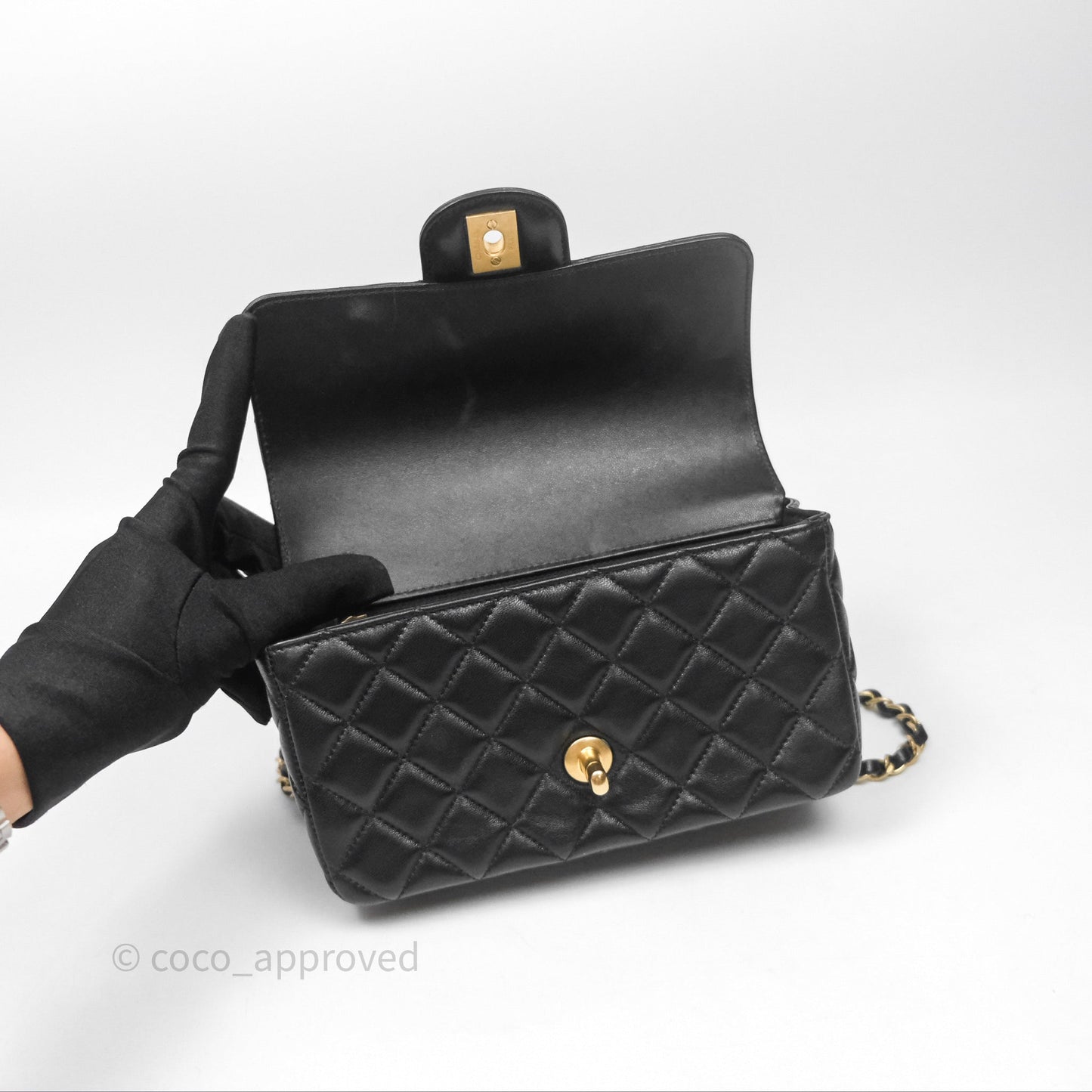 Chanel Top Handle Mini Rectangular Flap Bag Black Lambskin Aged Gold Hardware