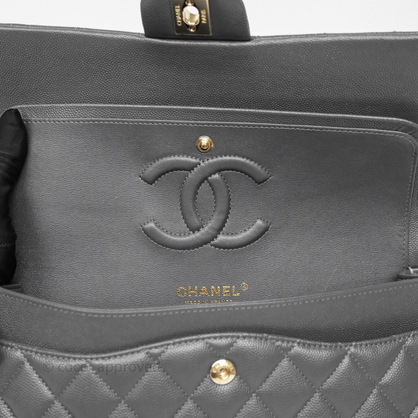 Chanel Classic M/L Medium Flap Quilted Dark Grey Caviar Gold Hardware