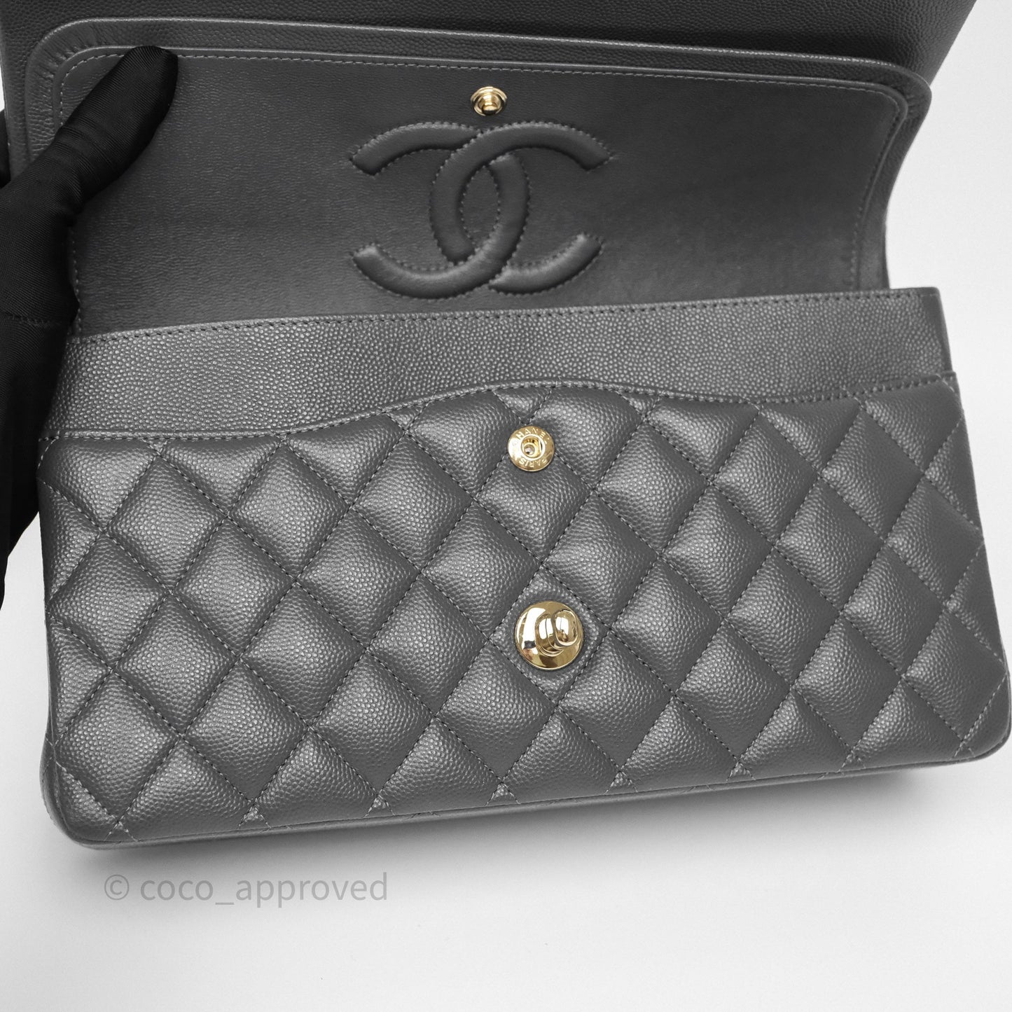 Chanel Classic M/L Medium Flap Quilted Dark Grey Caviar Gold Hardware