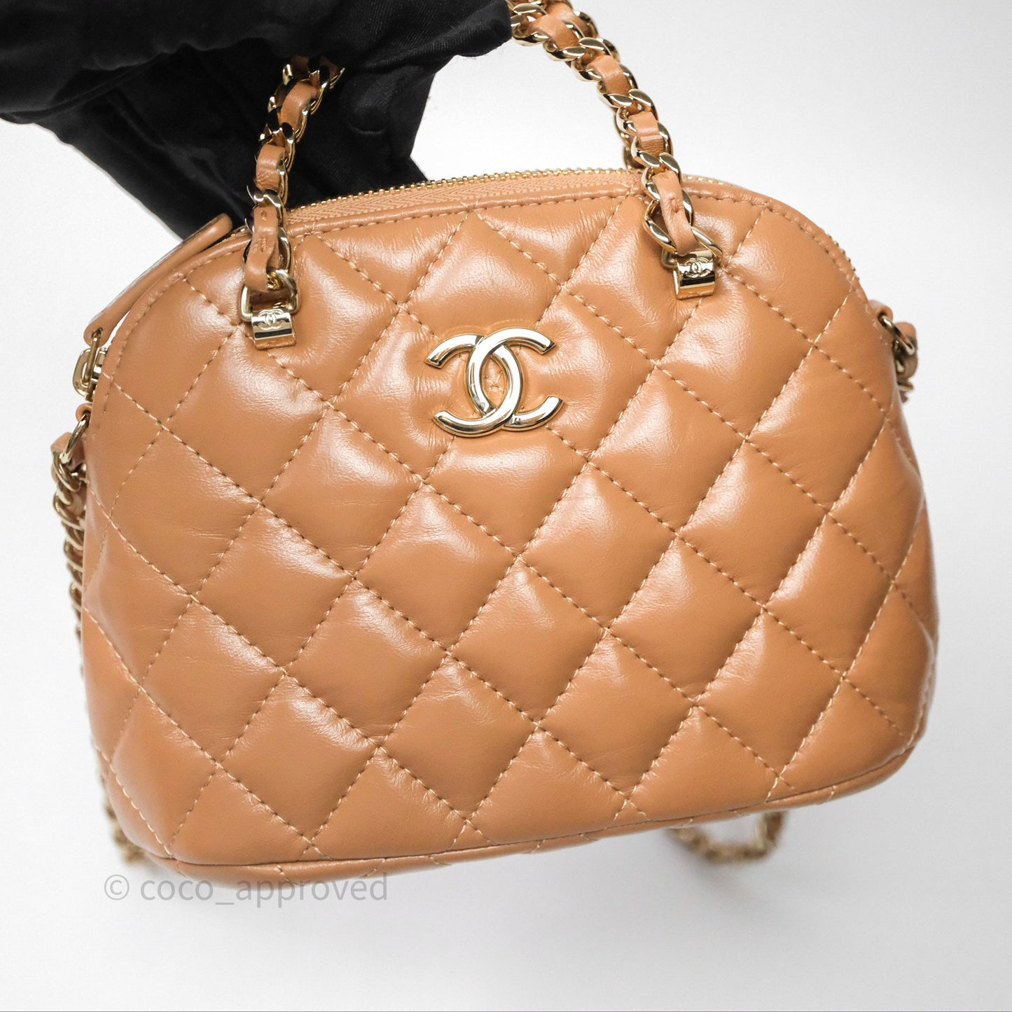 Chanel Mini Handle Clutch with Chain Beige Lambskin Gold Hardware