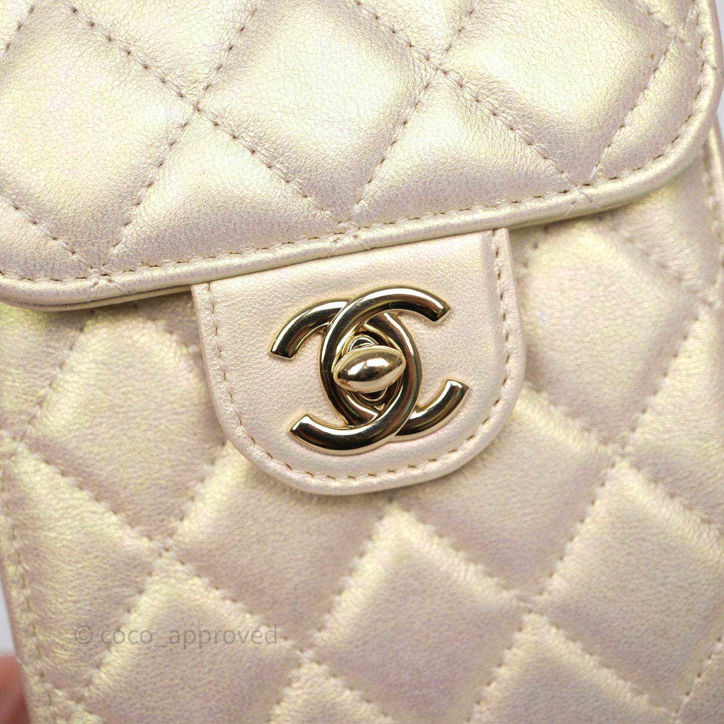 Chanel Classic Quilted Phone Holder Iridescent Pearl Lambskin
