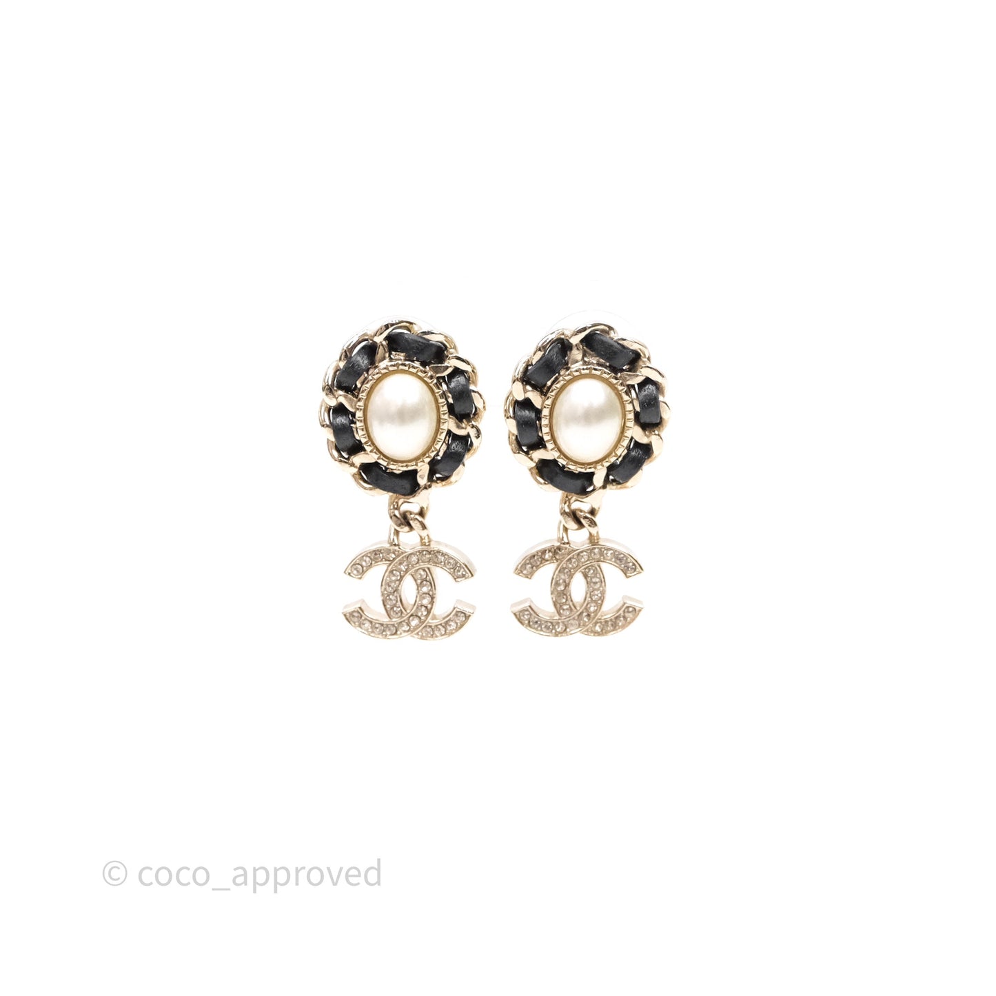 Chanel Oval Pearl Braided Black Leather Drop Crystal CC Earrings 21B