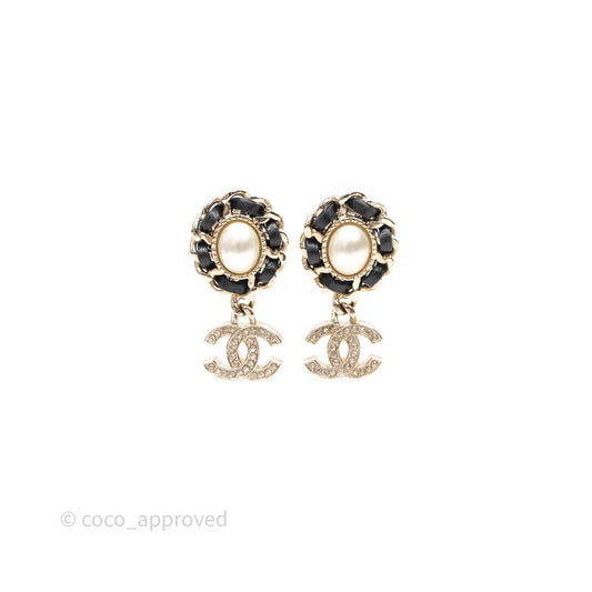 Chanel Oval Pearl Braided Black Leather Drop Crystal CC Earrings 21B