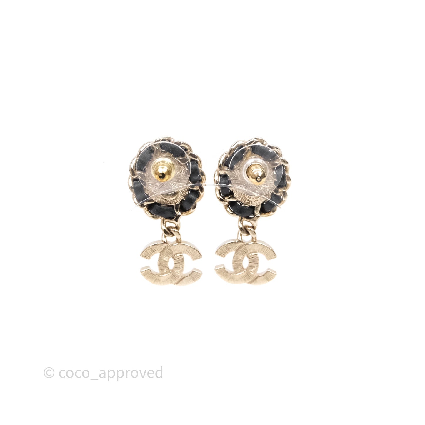 Chanel Oval Pearl Braided Black Leather Drop Crystal CC Earrings 21B