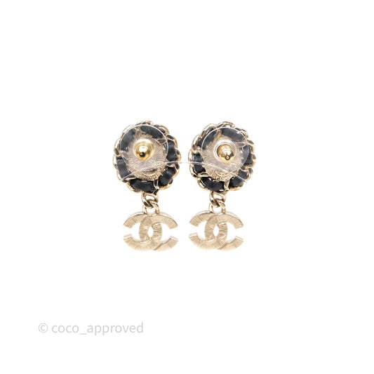 Chanel Oval Pearl Braided Black Leather Drop Crystal CC Earrings 21B