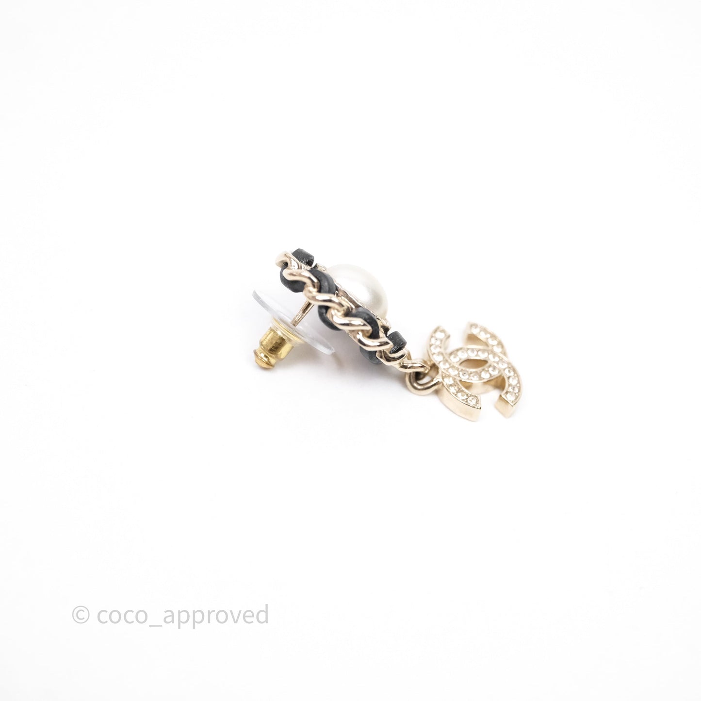 Chanel Oval Pearl Braided Black Leather Drop Crystal CC Earrings 21B
