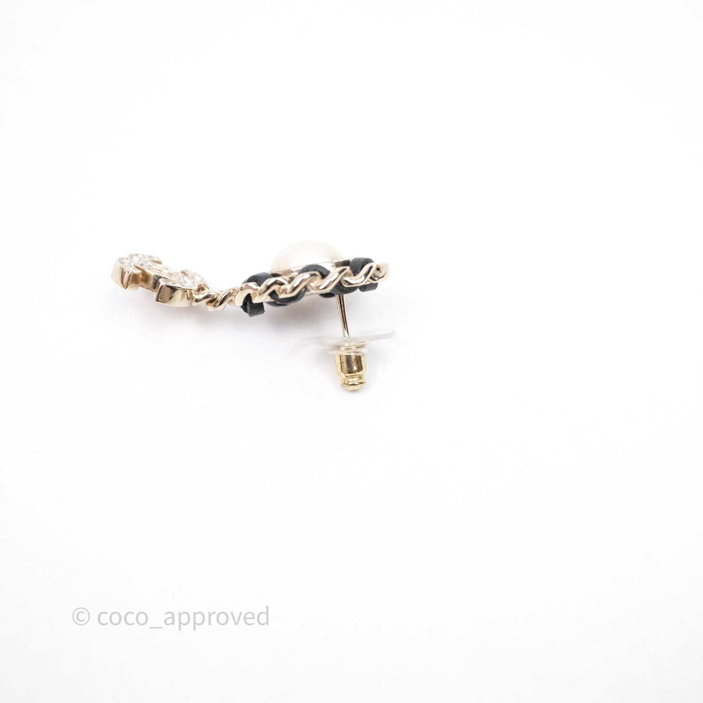 Chanel Oval Pearl Braided Black Leather Drop Crystal CC Earrings 21B
