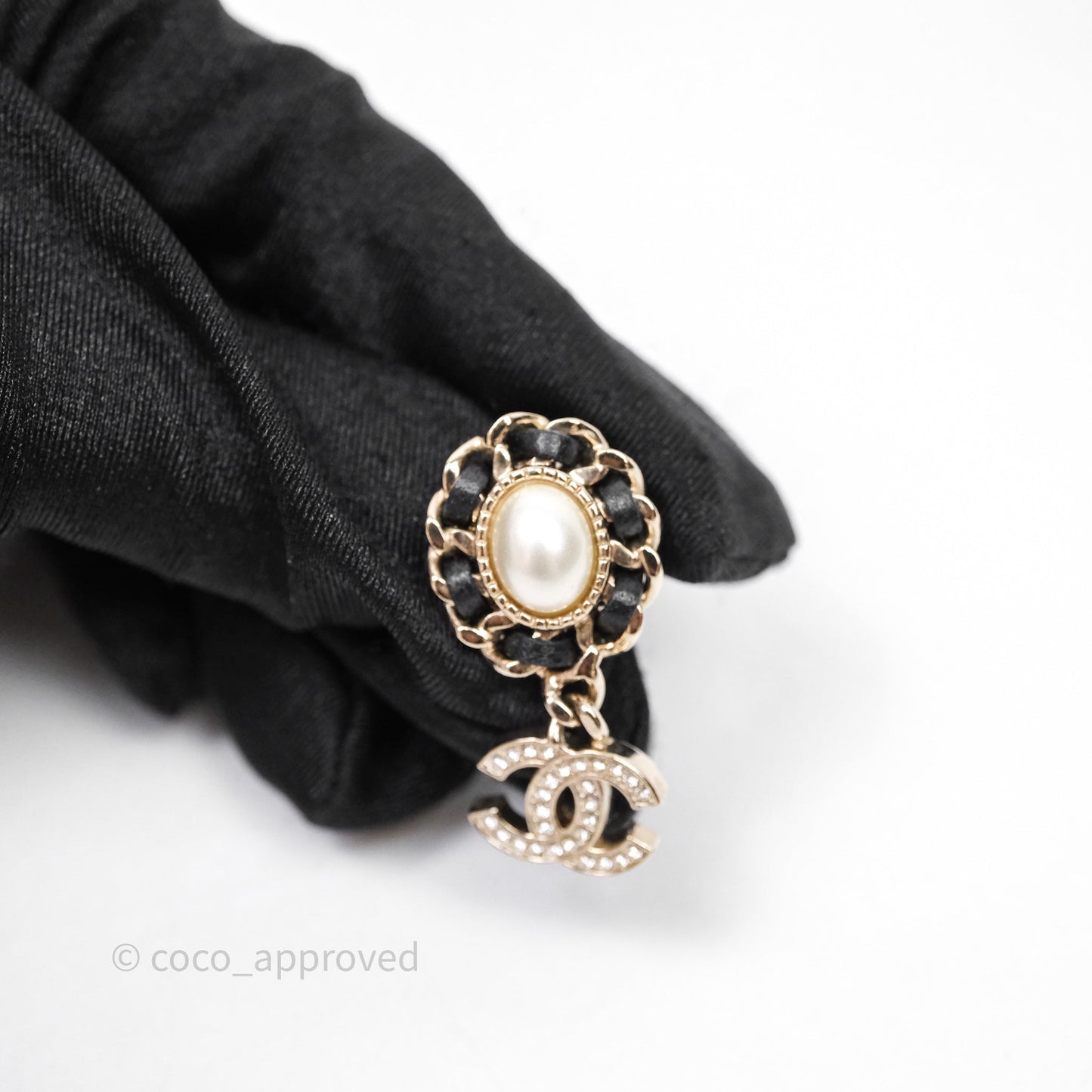Chanel Oval Pearl Braided Black Leather Drop Crystal CC Earrings 21B
