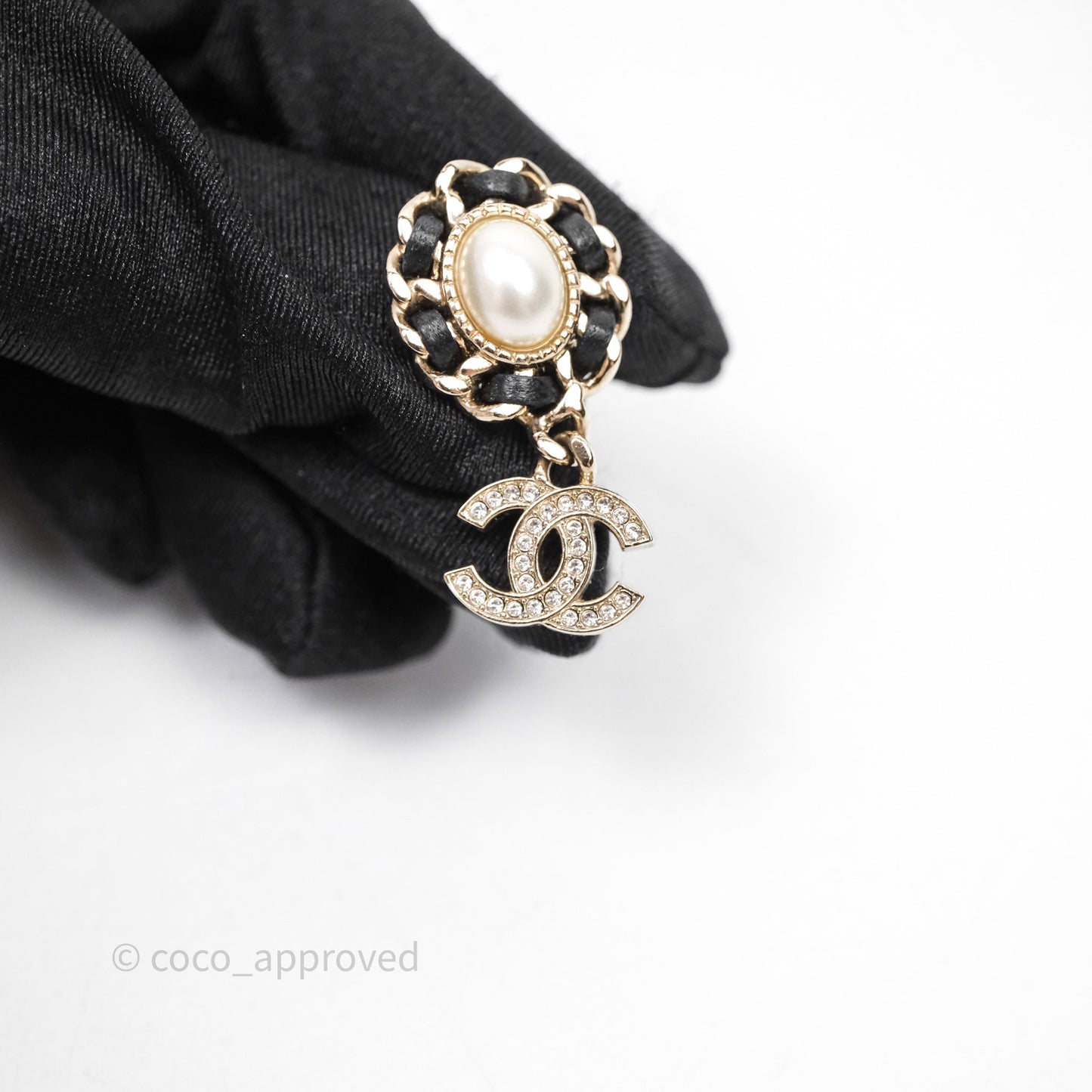 Chanel Oval Pearl Braided Black Leather Drop Crystal CC Earrings 21B