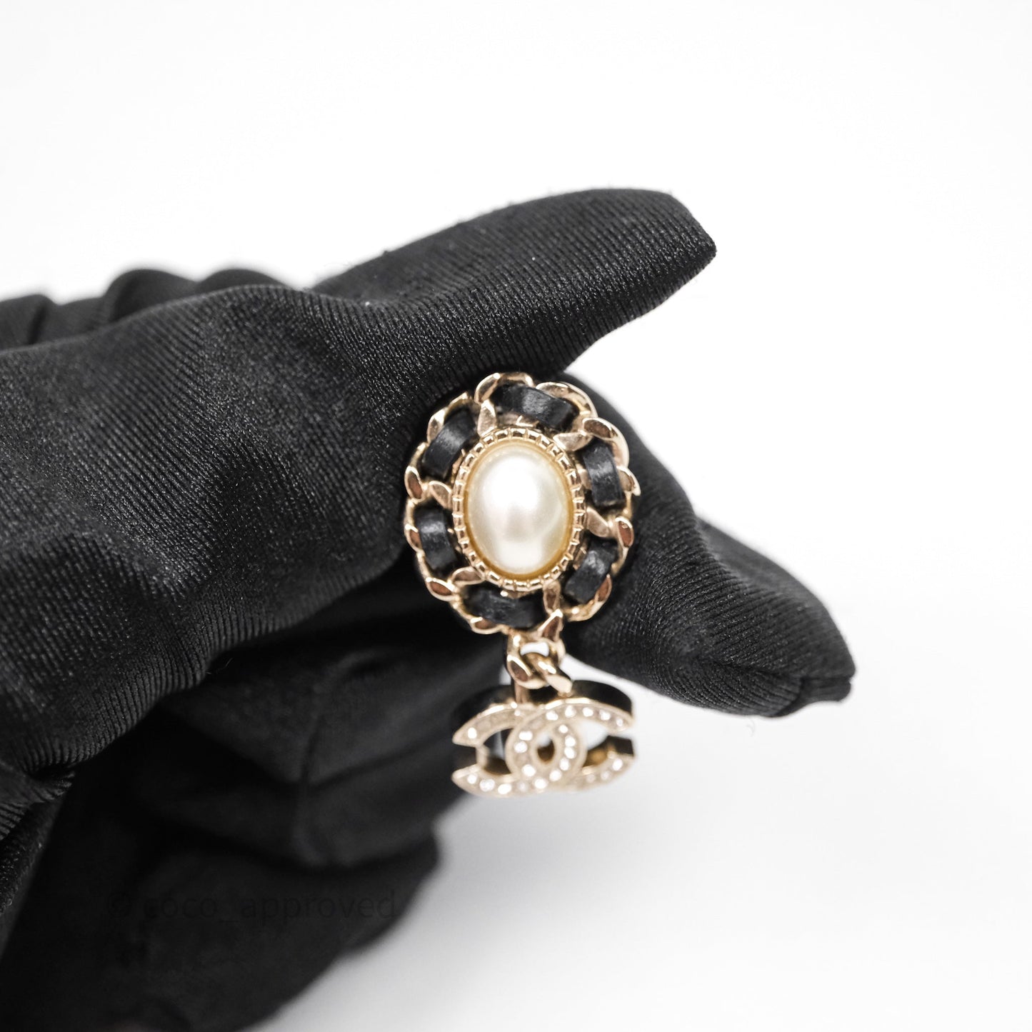 Chanel Oval Pearl Braided Black Leather Drop Crystal CC Earrings 21B