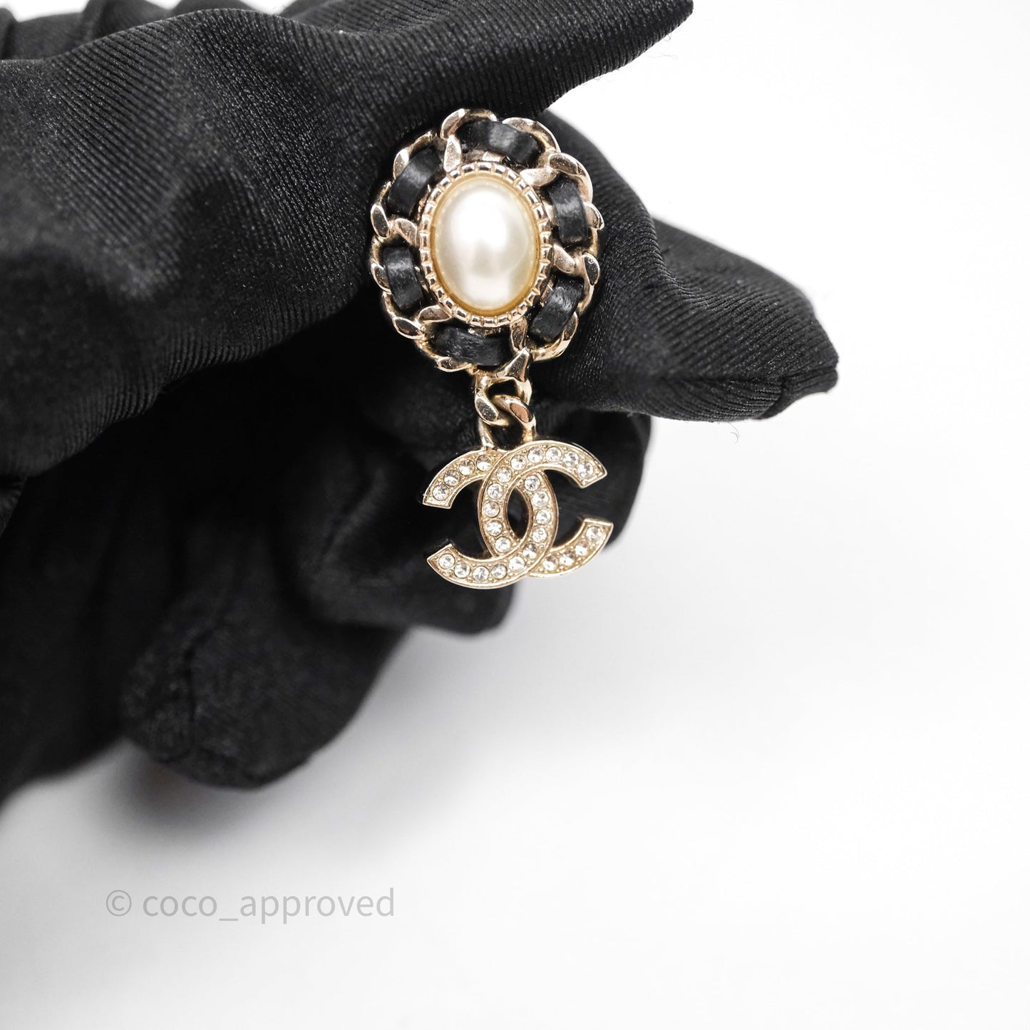 Chanel Oval Pearl Braided Black Leather Drop Crystal CC Earrings 21B