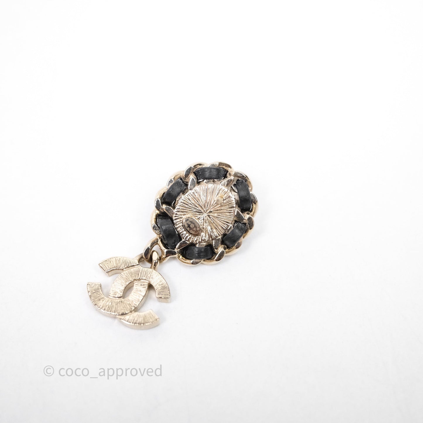 Chanel Oval Pearl Braided Black Leather Drop Crystal CC Earrings 21B