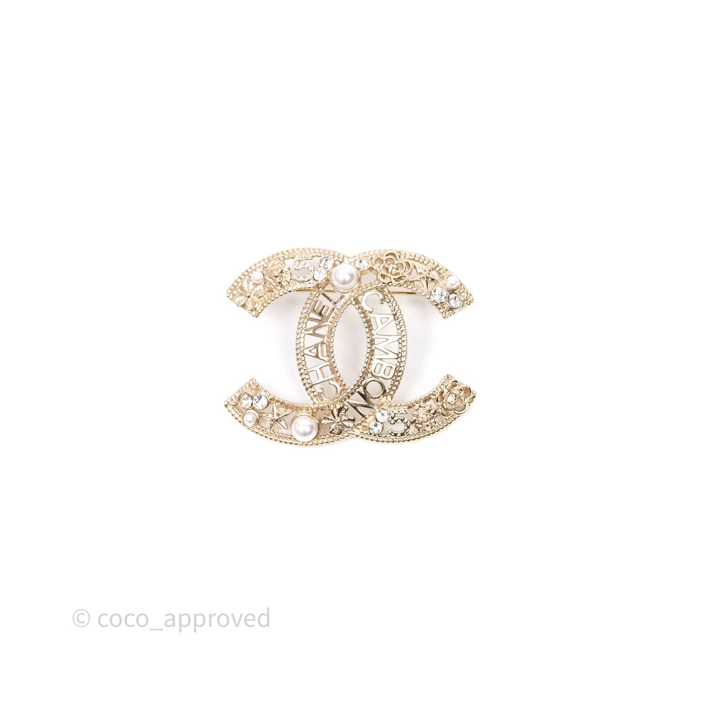 Chanel CC Pearl Crystal Brooch Gold Tone 21V
