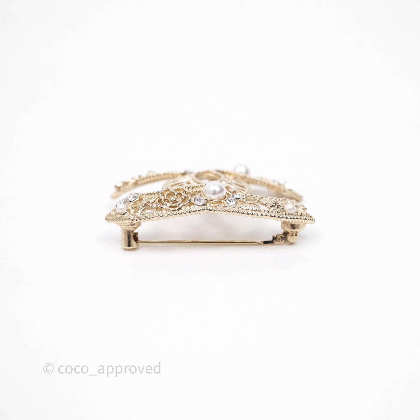 Chanel CC Pearl Crystal Brooch Gold Tone 21V