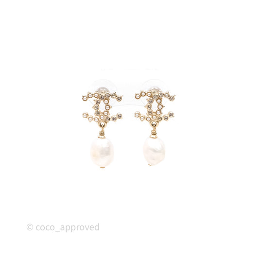 Chanel CC Crystal Pearl Drop Earrings Gold Tone 20B