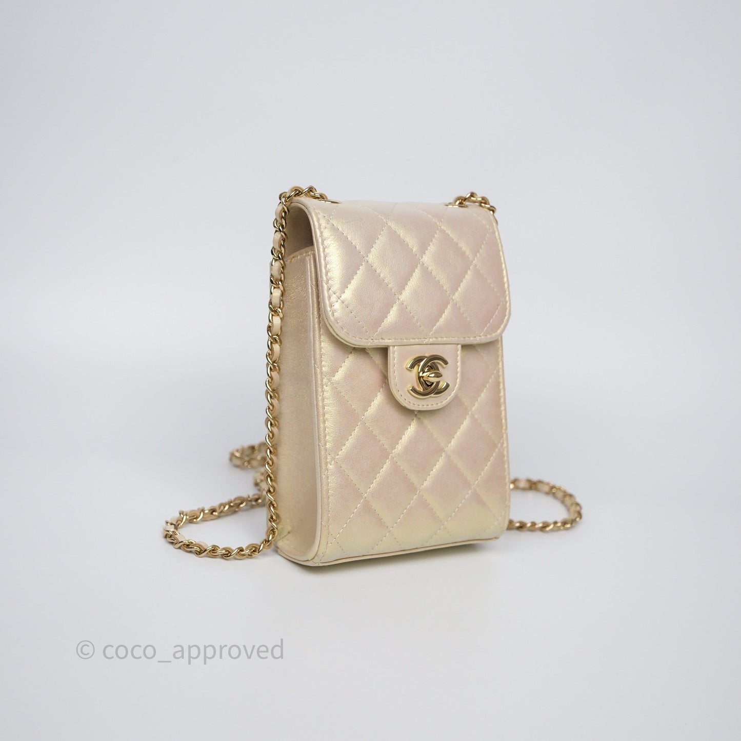 Chanel Classic Quilted Phone Holder Iridescent Pearl Lambskin