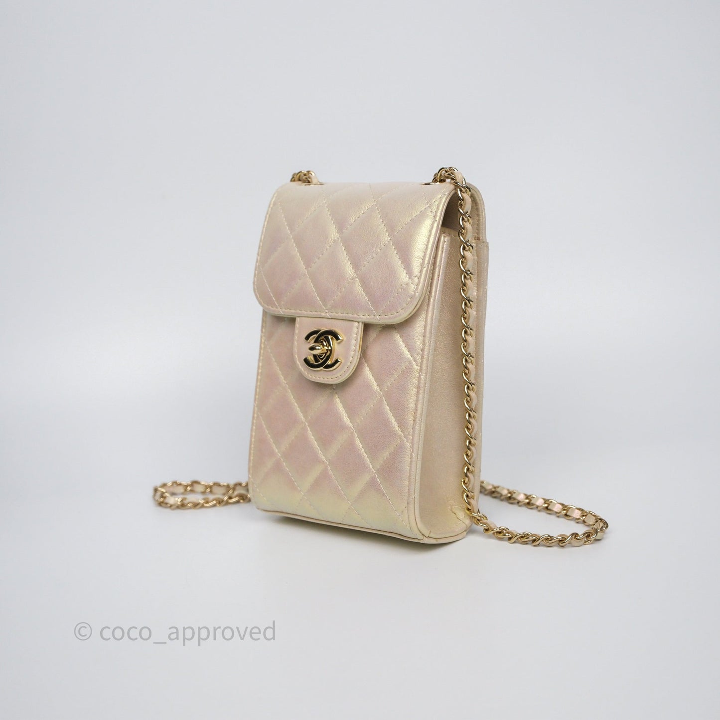 Chanel Classic Quilted Phone Holder Iridescent Pearl Lambskin