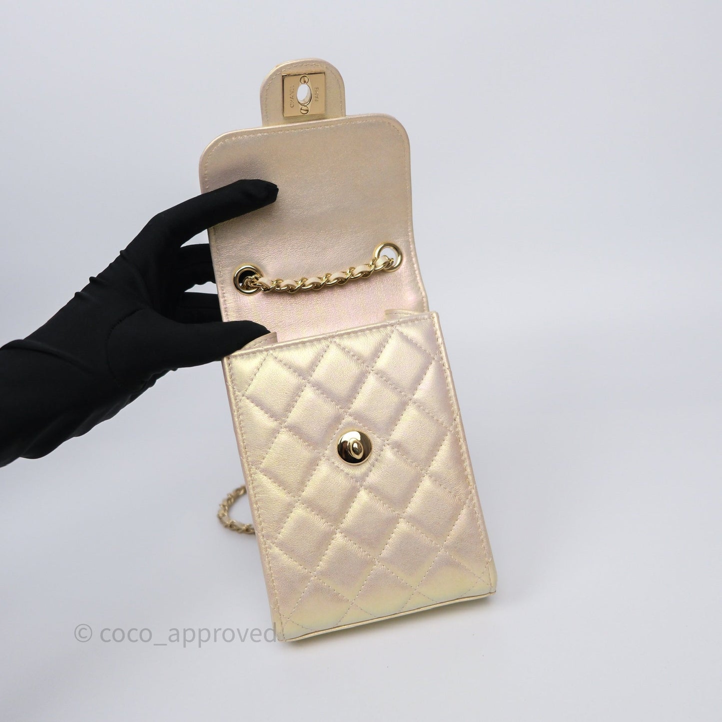 Chanel Classic Quilted Phone Holder Iridescent Pearl Lambskin