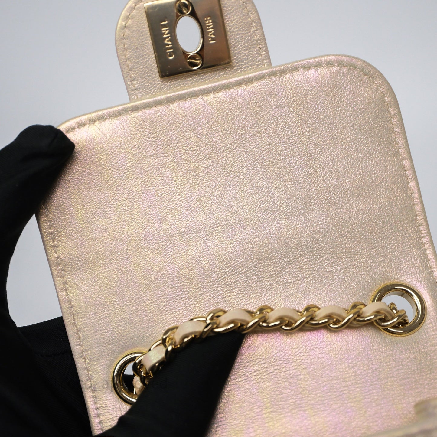 Chanel Classic Quilted Phone Holder Iridescent Pearl Lambskin
