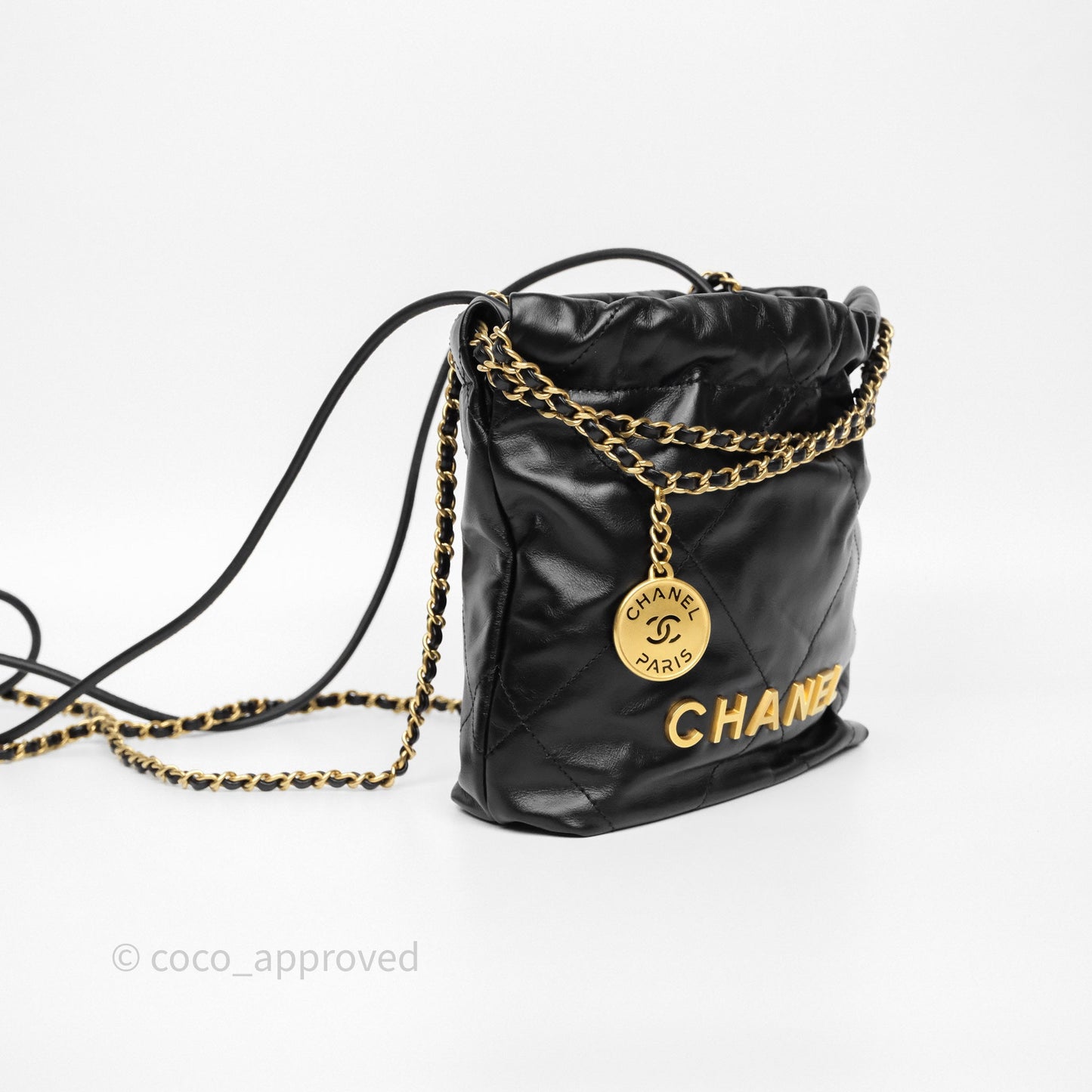 Chanel 22 Mini Bag Black Crumpled Calfskin Aged Gold Hardware