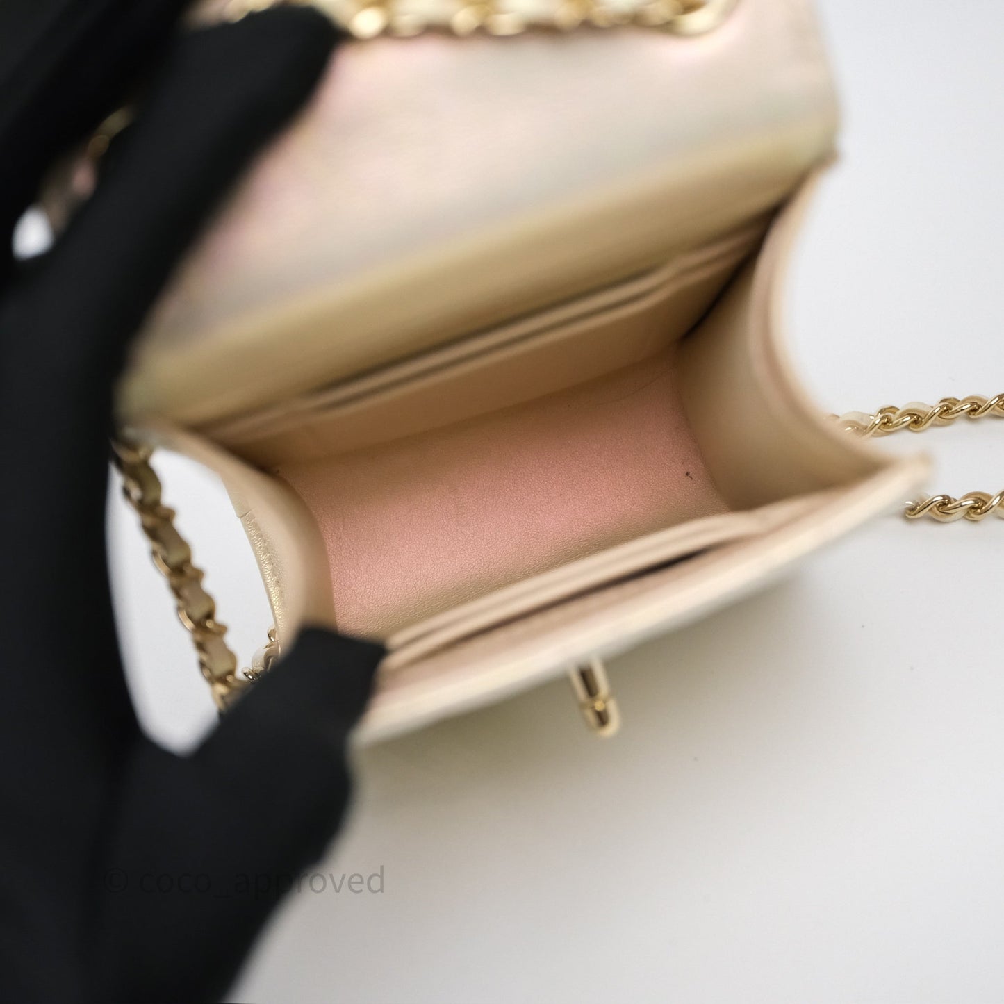 Chanel Classic Quilted Phone Holder Iridescent Pearl Lambskin