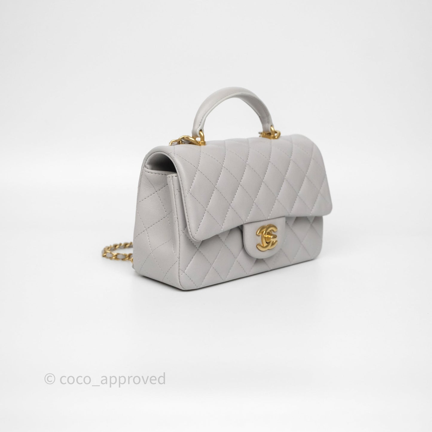 Chanel Top Handle Mini Rectangular Flap Grey Lambskin Aged Gold Hardware