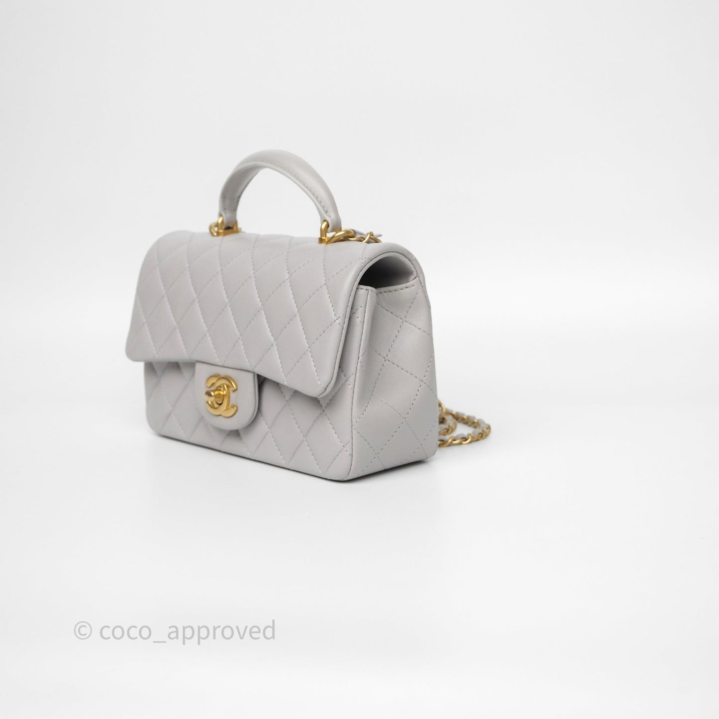 Chanel Top Handle Mini Rectangular Flap Grey Lambskin Aged Gold Hardware
