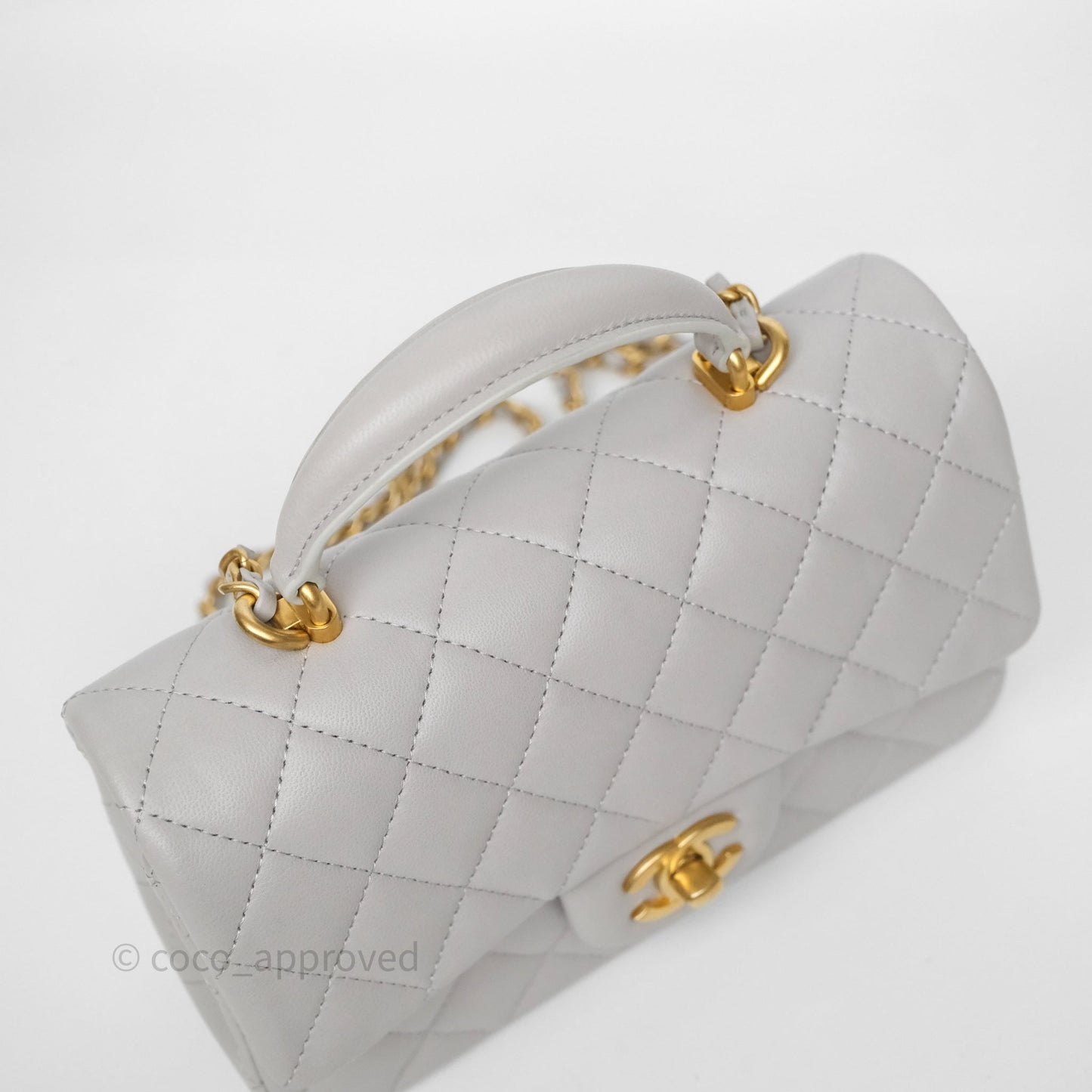 Chanel Top Handle Mini Rectangular Flap Grey Lambskin Aged Gold Hardware